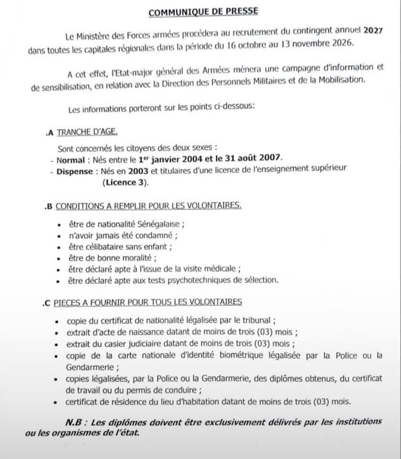 Recrutement Armée sénégalaise 2027 : Calendrier, conditions et dossiers à fournir Recrutement Armée sénégalaise 2027 : Calendrier, conditions et dossiers à fournir