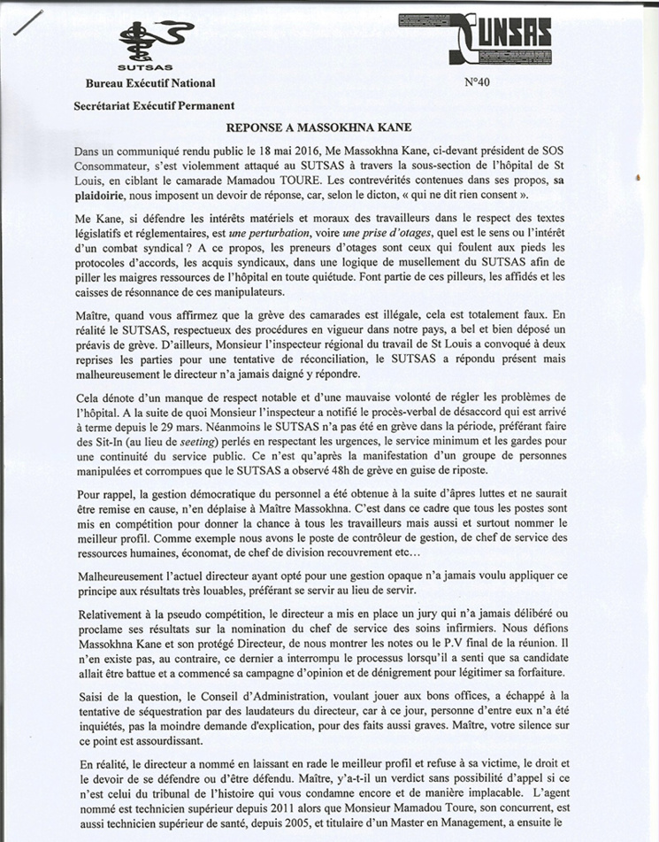 HOPITAL DE ST-LOUIS: le Sutsas répond à Me Massokhna KANE (communiqué) 