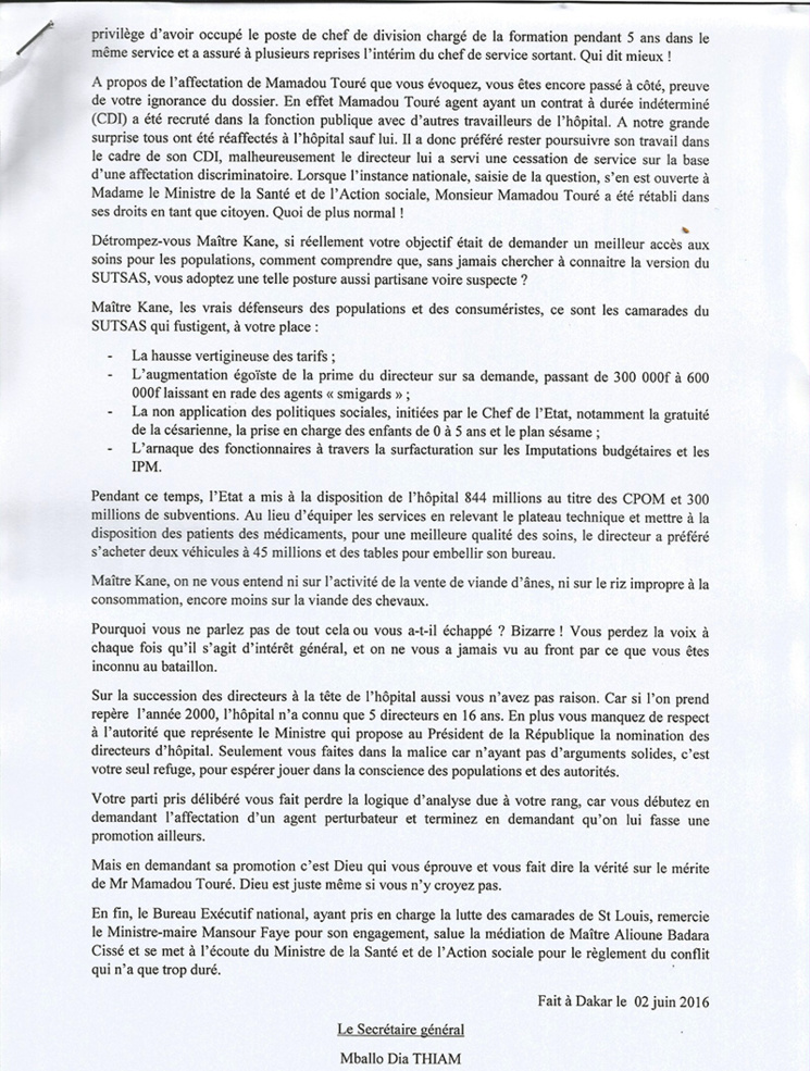HOPITAL DE ST-LOUIS: le Sutsas répond à Me Massokhna KANE (communiqué) 