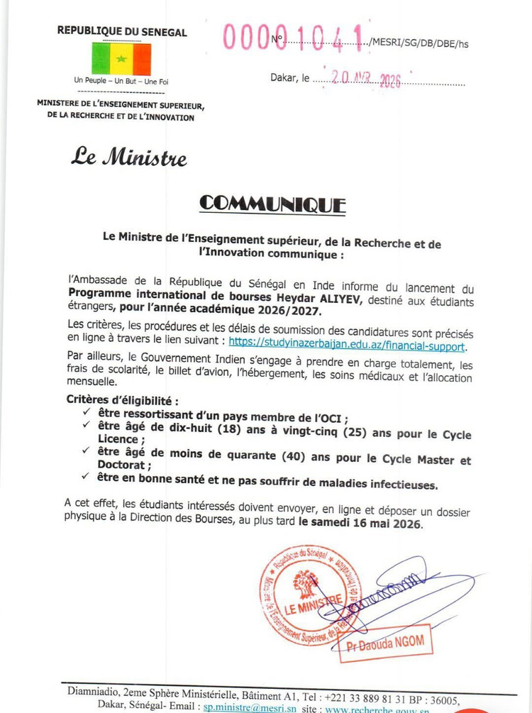 Bourses Heydar ALIYEV 2026 : Le Sénégal lance l'appel aux candidatures Bourses Heydar ALIYEV 2026 : Le Sénégal lance l'appel aux candidatures