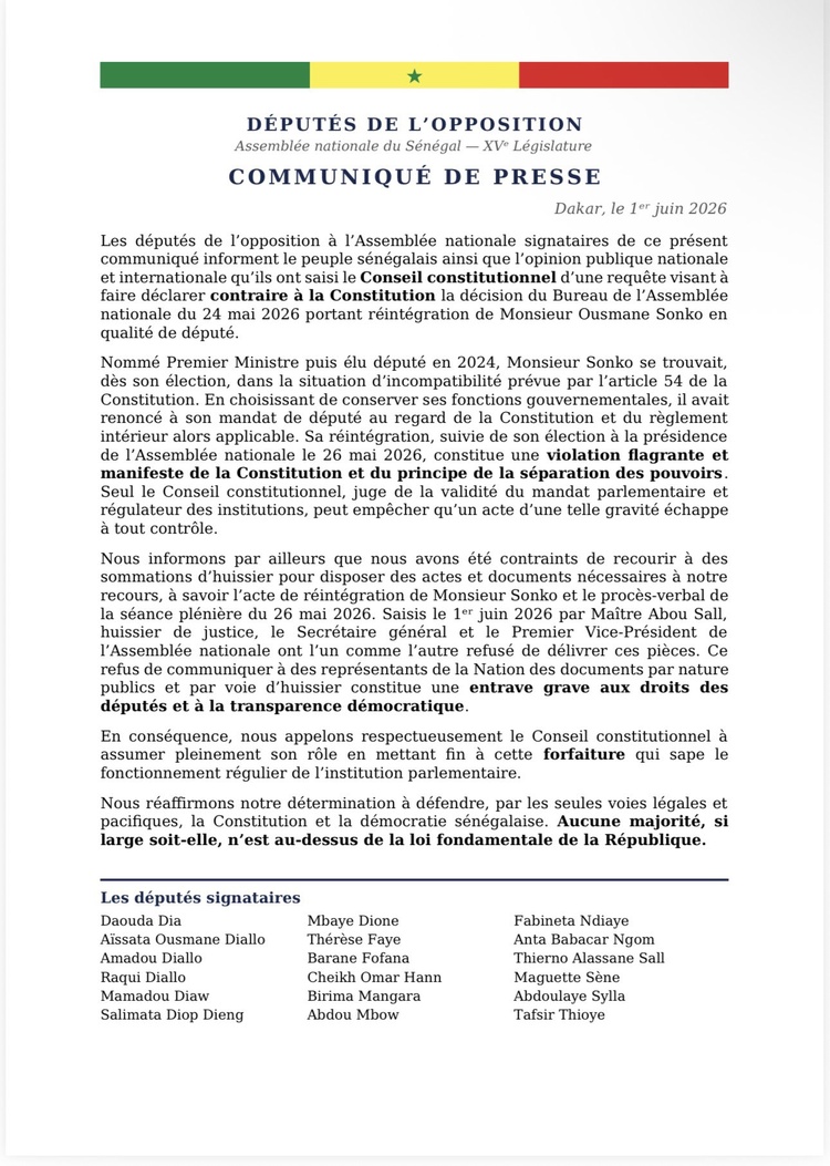 XVe Législature : 18 députés de l'opposition attaquent le mandat d'Ousmane Sonko devant le Conseil constitutionnel XVe Législature : 18 députés de l'opposition attaquent le mandat d'Ousmane Sonko devant le Conseil constitutionnel