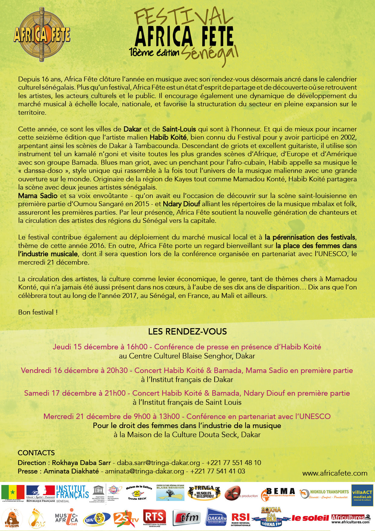 Festival Africa Fête : Habib Koité, Mama Sadio à l’affiche de la 16ème édition