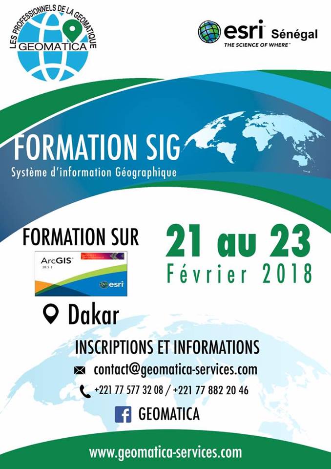 SIG : Géomatica et  Esri Sénégal organisent une formation à Dakar du 21 au 23 février 2018
