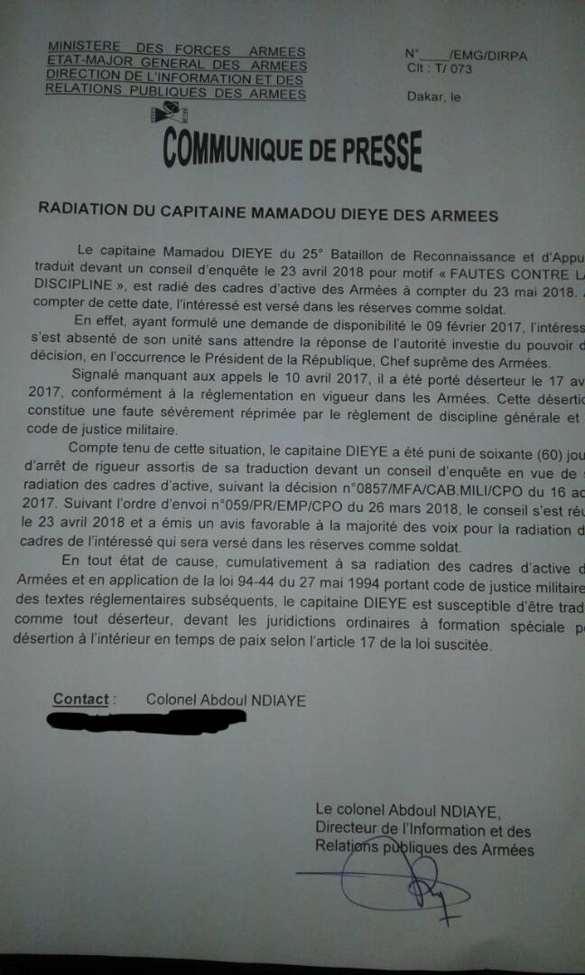Le capitaine Dièye libéré et radié de l'Armée