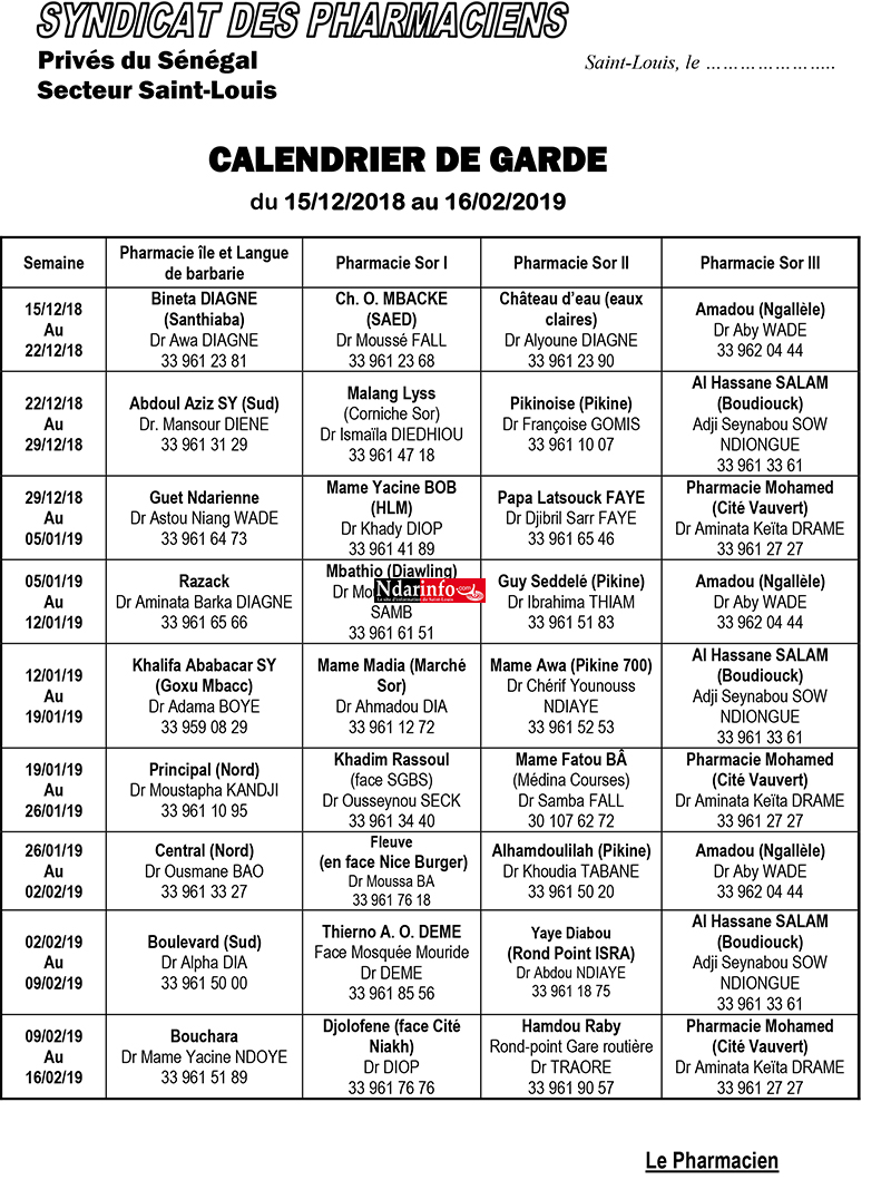 Le calendrier des pharmacies de Garde de Saint-Louis ( de Janvier à Juin 2019)
