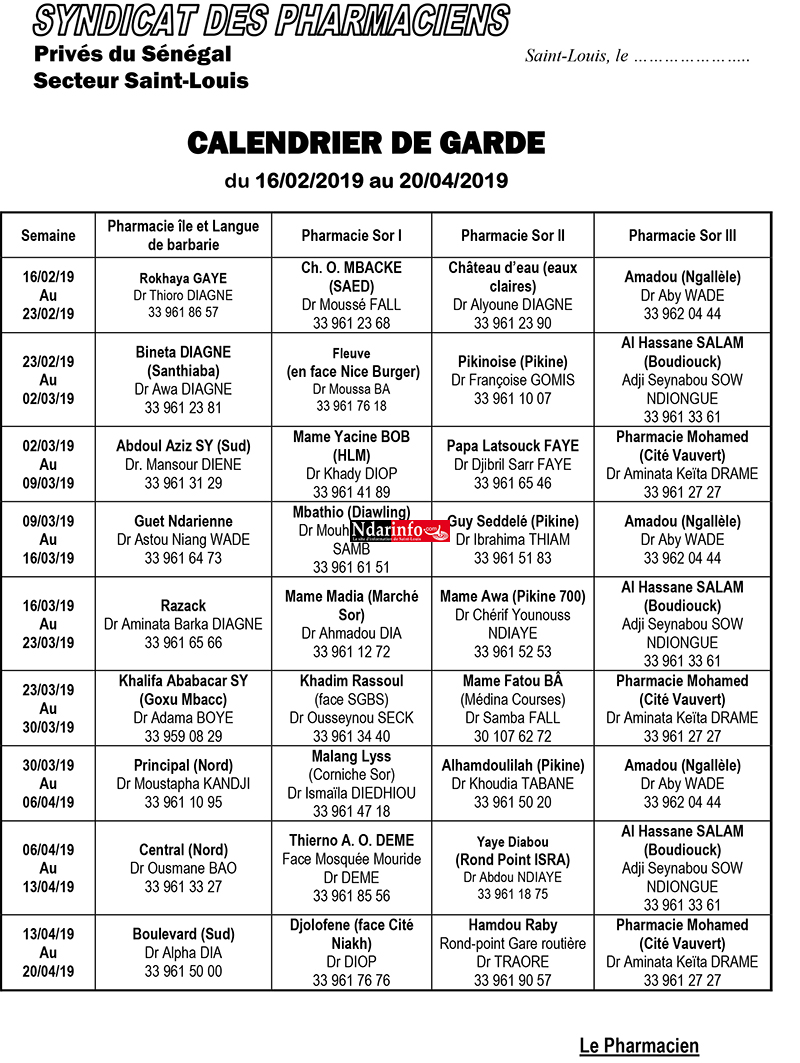 Le calendrier des pharmacies de Garde de Saint-Louis ( de Janvier à Juin 2019)