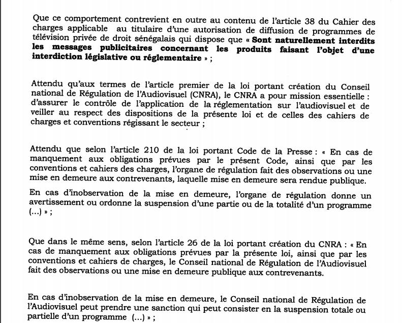 Urgent - Le CNRA suspend les programmes de la Sen TV [Document]