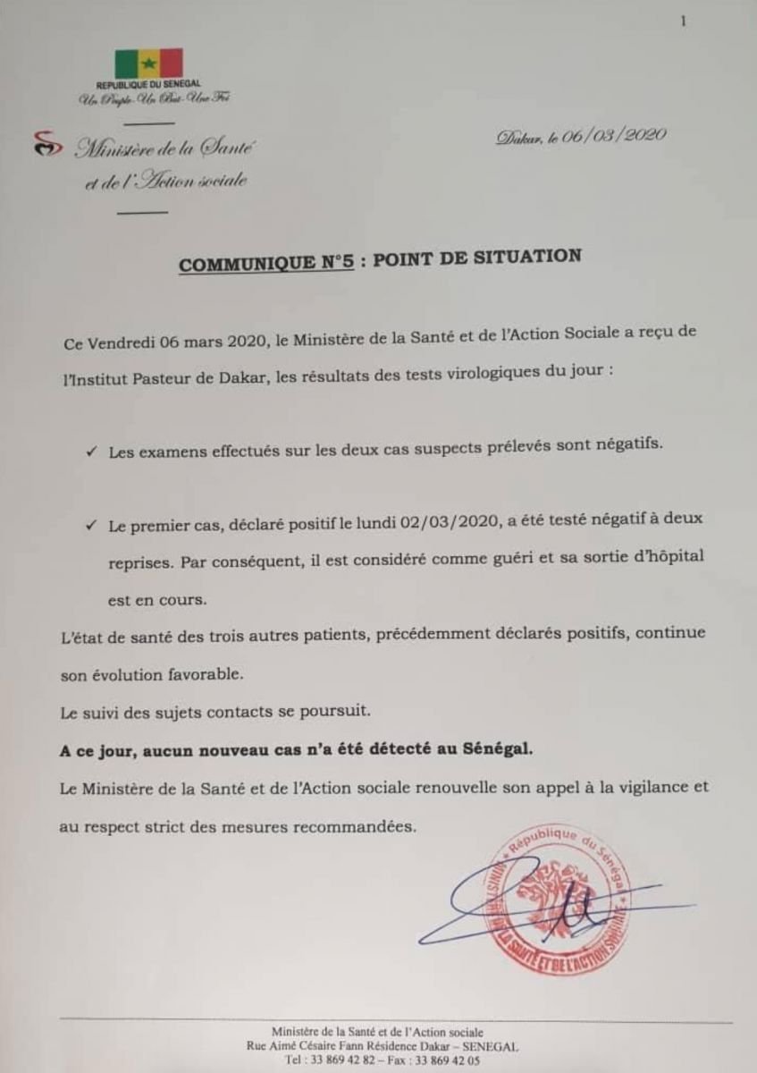 Coronavirus au Sénégal : guérision du "cas zéro"
