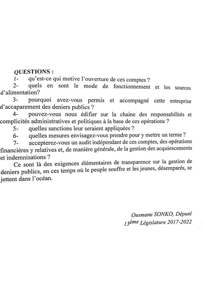 QUESTIONS ÉCRITES AU GOUVERNEMENT : Sonko ne lâche rien