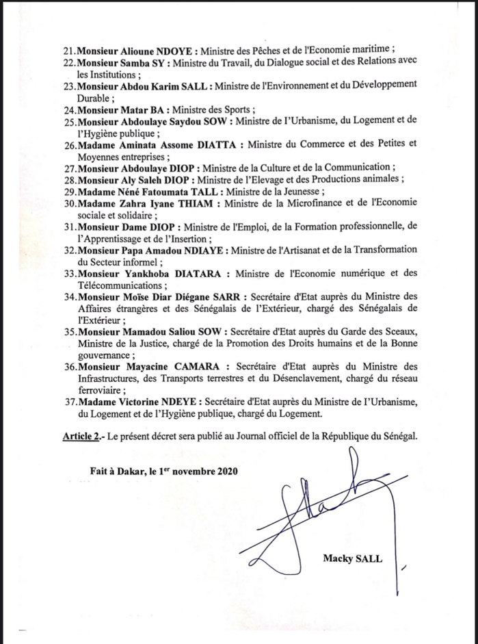 Sénégal La liste complète du nouveau gouvernement