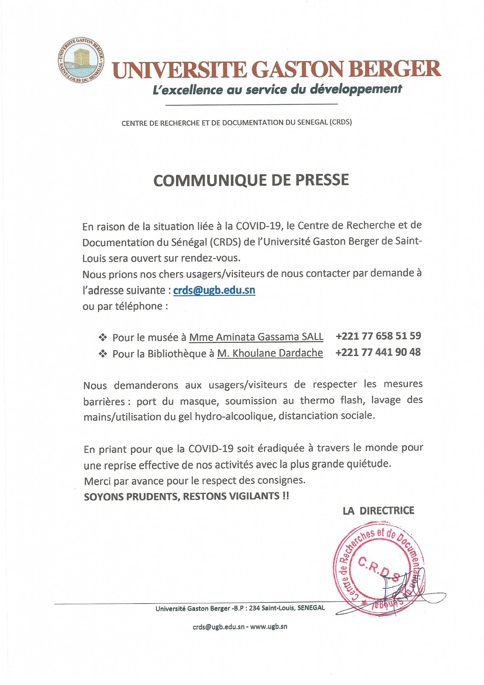 [COMMUNIQUÉ] Le CRDS de Saint-Louis, ouvert sur rendez-vous 