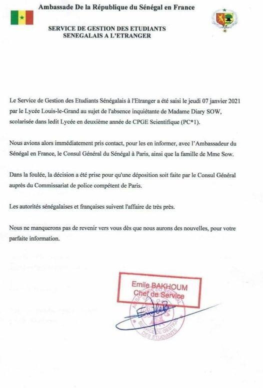 Disparition de Diarry Sow: "Les autorités sénégalaises et françaises suivent l'affaire de très prés"
