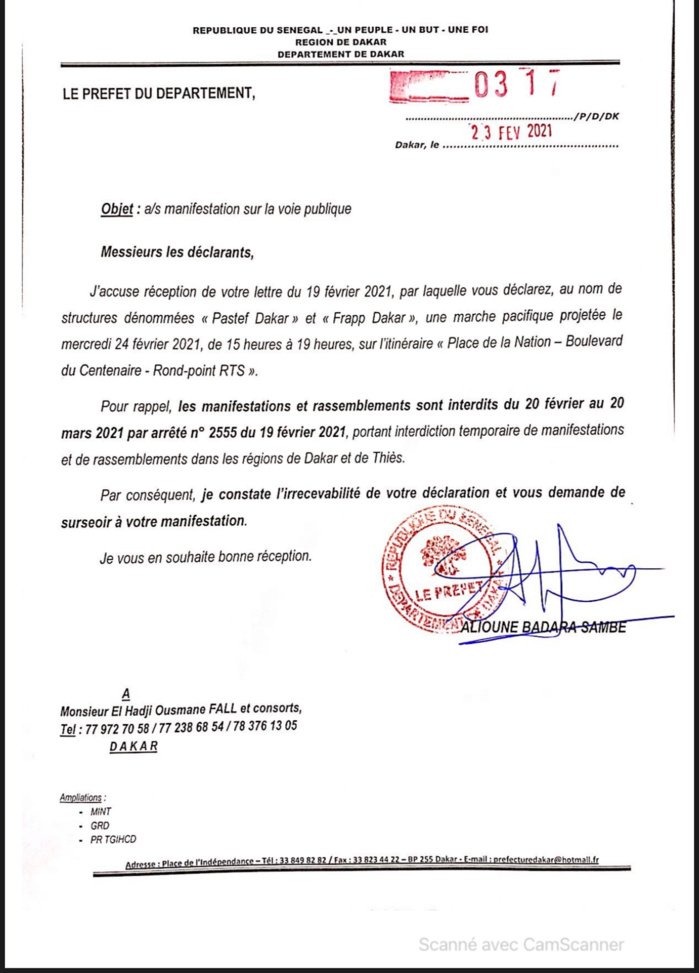 Dakar : la marche conjointe Frapp-Pastef prévue ce soir, interdite par le Préfet