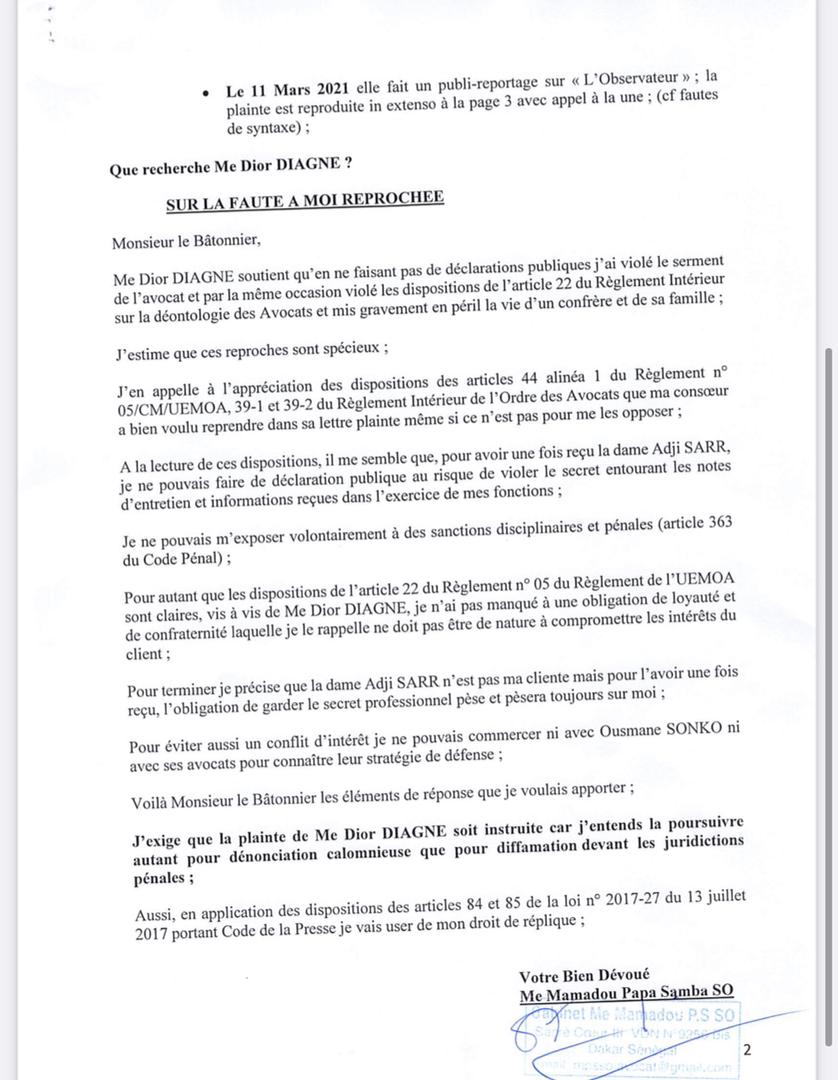 "Je n’ai jamais rédigé la plainte de Adji SARR (...) J’entends poursuive Me Dior DIAGNE " "Je n’ai jamais rédigé la plainte de Adji SARR (...) J’entends poursuive Me Dior DIAGNE "