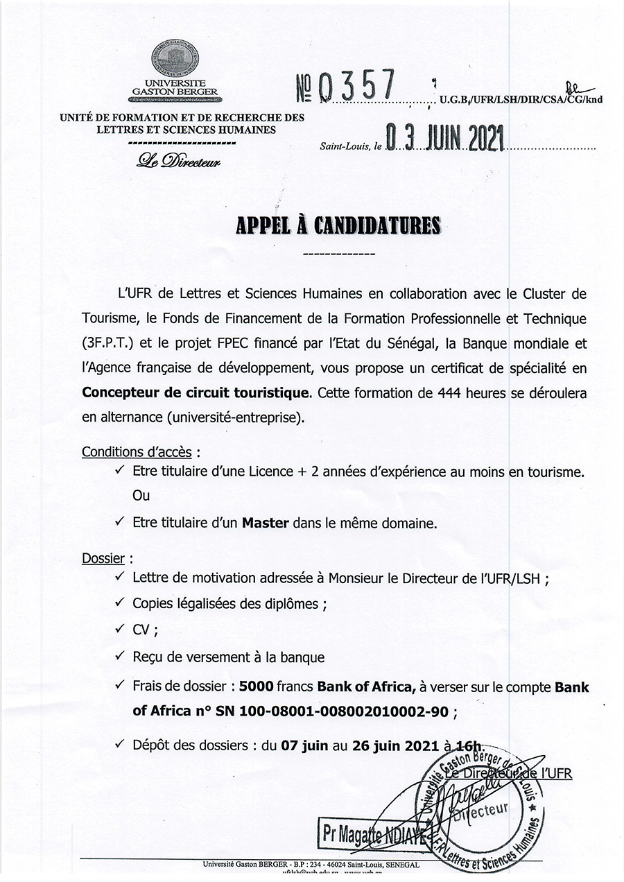 Appels à candidatures des certificats du Cluster de Tourisme de l'UFR LSH