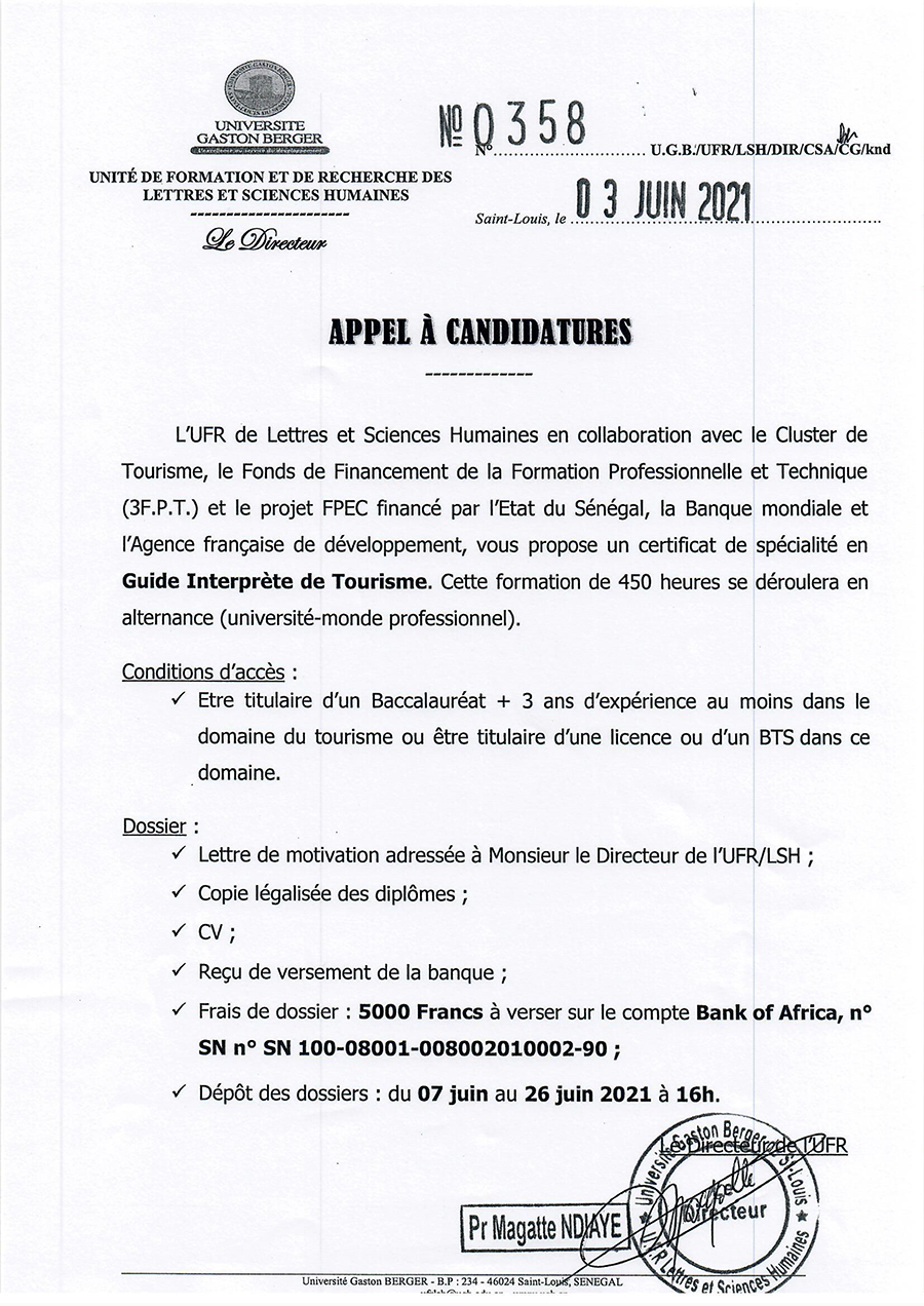 Appels à candidatures des certificats du Cluster de Tourisme de l'UFR LSH