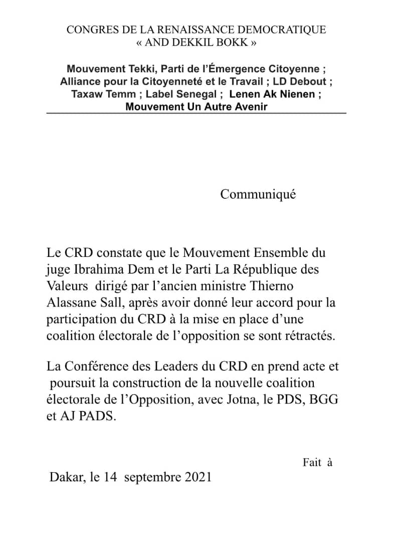 Juge Dème et TAS sortis coalition du Pds : Le CRD prend acte et continue le compagnonnage
