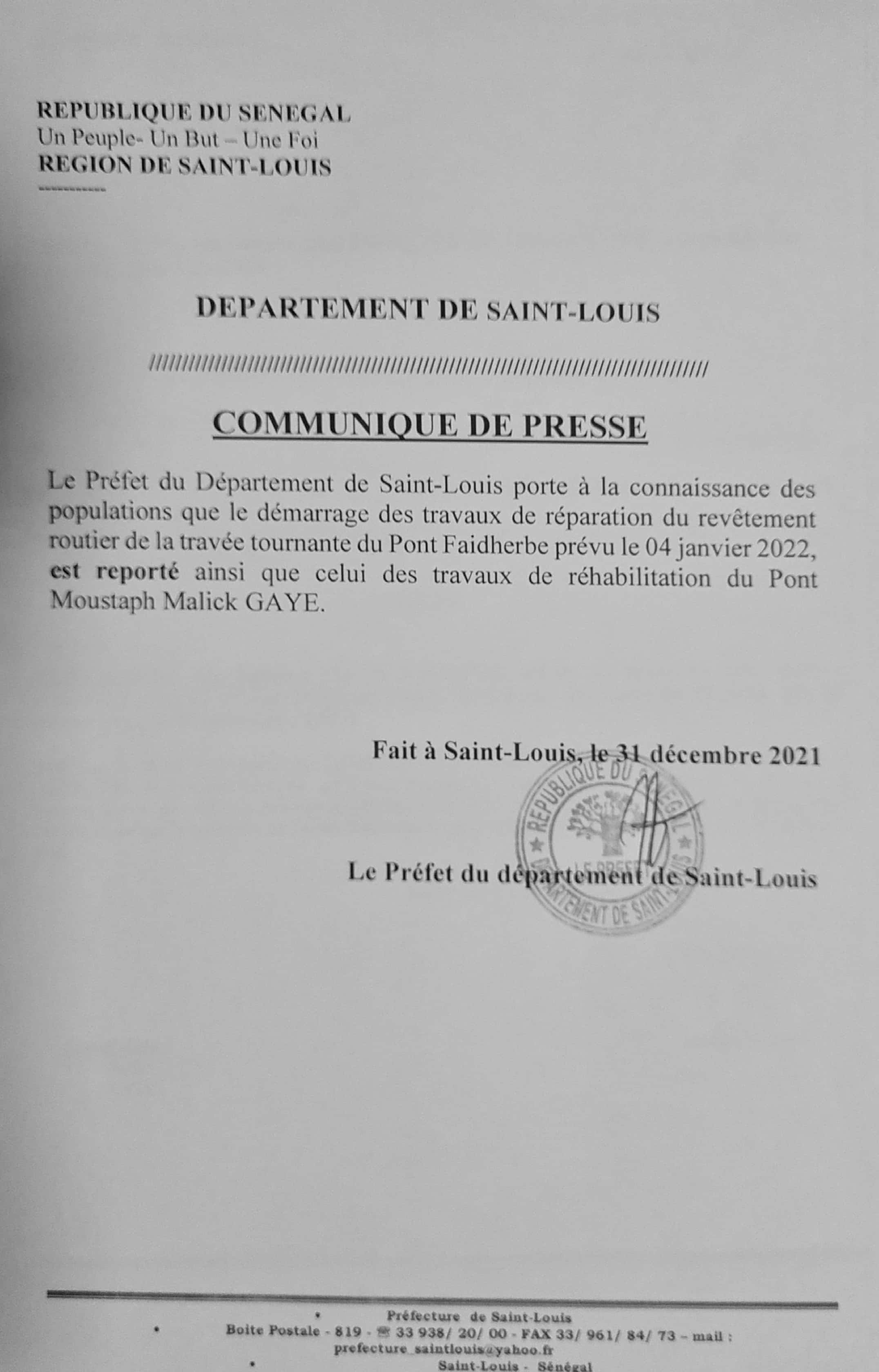Saint-Louis : report des travaux de réfection des ponts Faidherbe et de Guet-Ndar – Communiqué