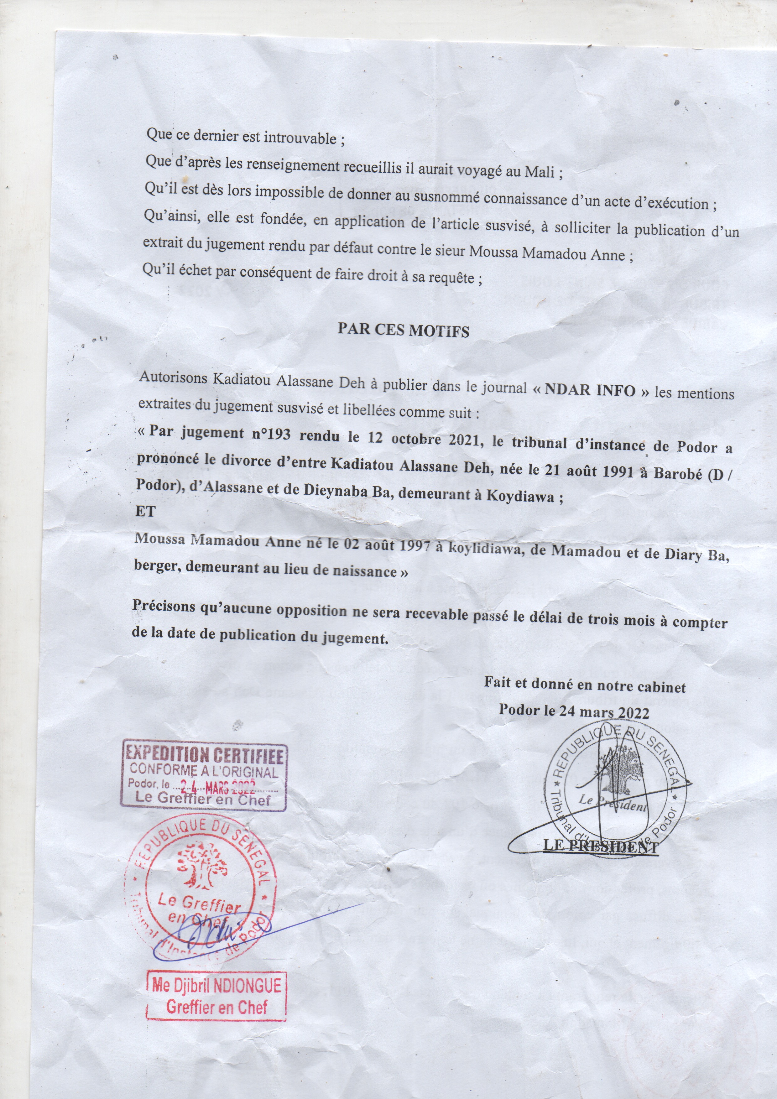 Tribunal d'instance de Podor : Extrait de jugement par défaut à l'encontre de Moussa Mamadou ANNE