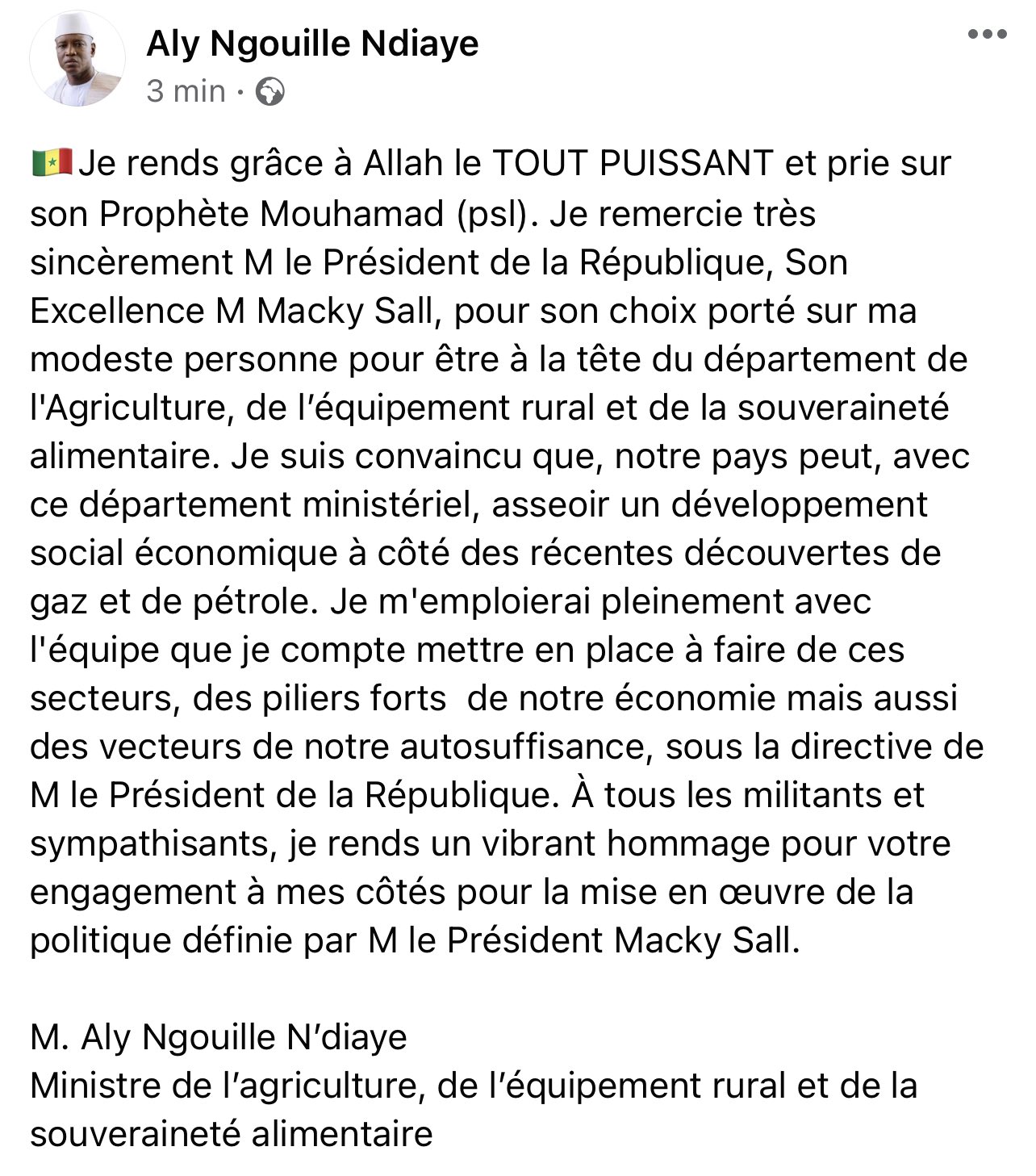 Les premiers mots de Aly Ngouille NDIAYE, nouveau de l'agriculture