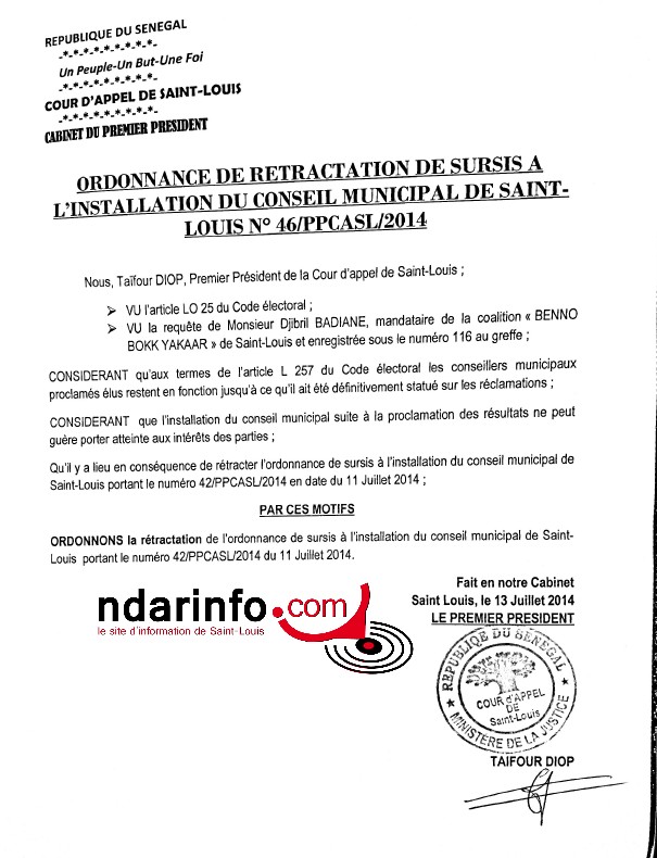 DOCUMENTS EXCLUSIFS : L’ordonnance de sursis délivrée à Ahmet FALL BRAYA et l’autorisation d’installation du Conseil municipal remise au camp de Mansour FAYE.