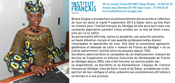 L'Institut Français rend hommage à Bineta DIAGNE L'Institut Français rend hommage à Bineta DIAGNE