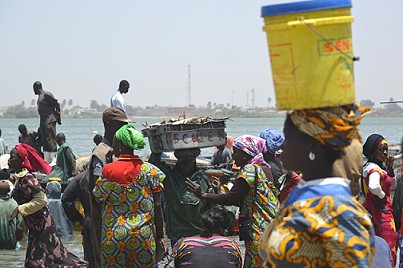 Le débarquement du poisson à Guet Ndar attire de grandes foules de femmes transformatrices locales de poisson et des acheteurs de poissons du Sénégal, du Mali et d'ailleurs
