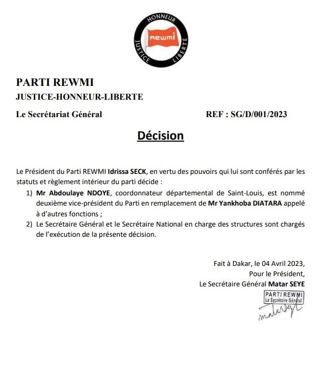 Rewmi : Yankhoba Diatara destitué par Idrissa Seck
