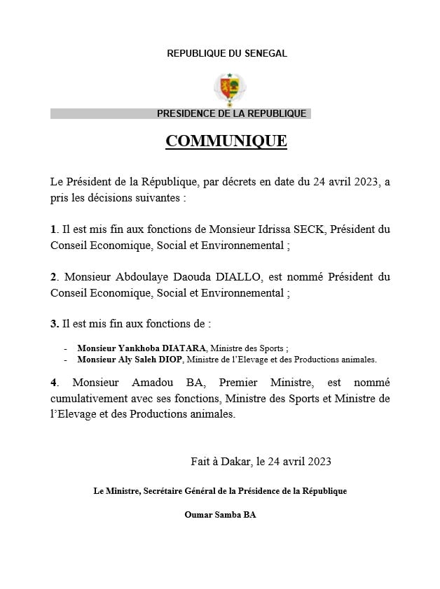 Après le départ d’Idrissa Seck : Amadou Bâ cumulera les Ministères des Sports et de l’Elevage. Abdoulaye Daouda Daouda Diallo dirigera le CESE