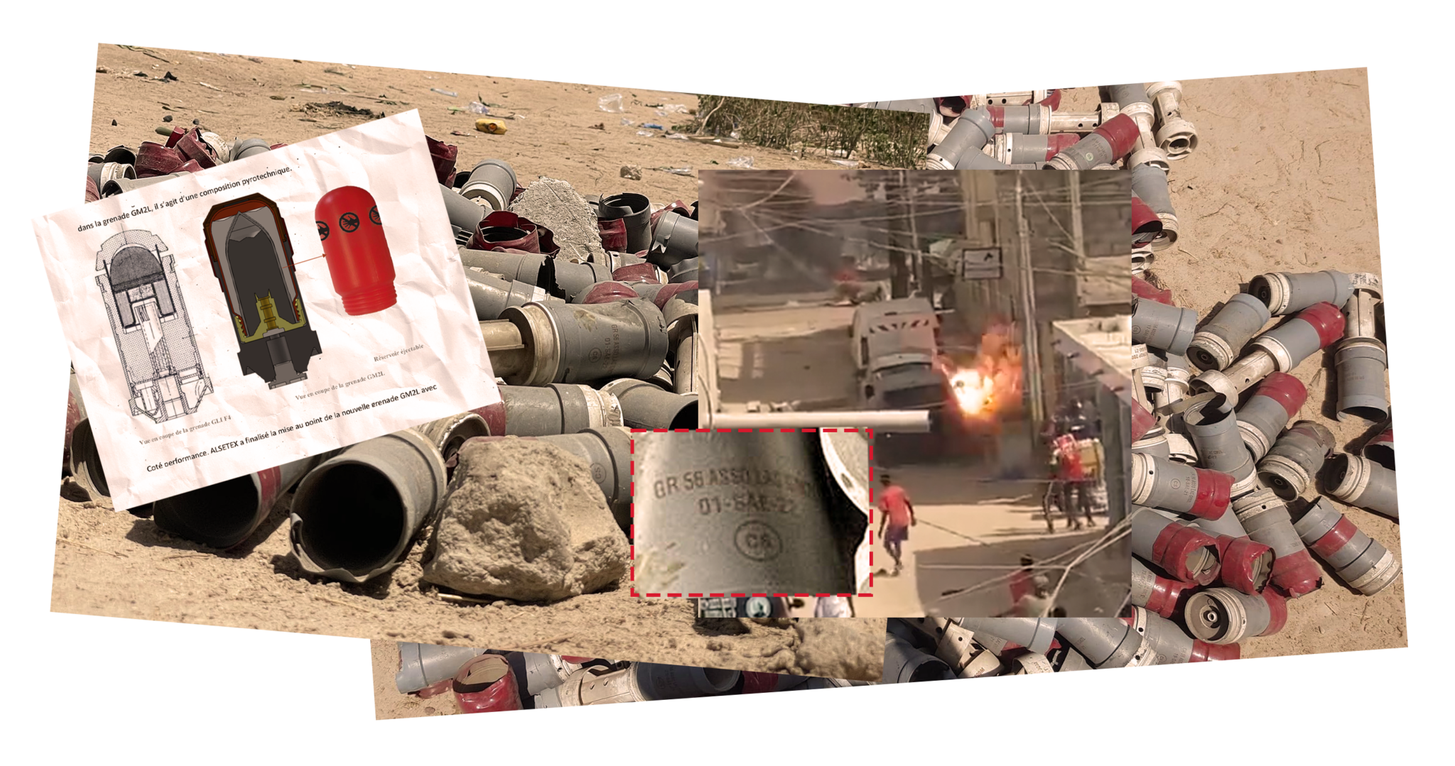 Des grenades GM2L à Ziguinchor le 16 et 17 mai 2023. Sur les images, la date de fabrication est lisible pour certaines. Plusieurs ont été fabriquées en 2022, soit après la répression de mars 2021. (DR.)