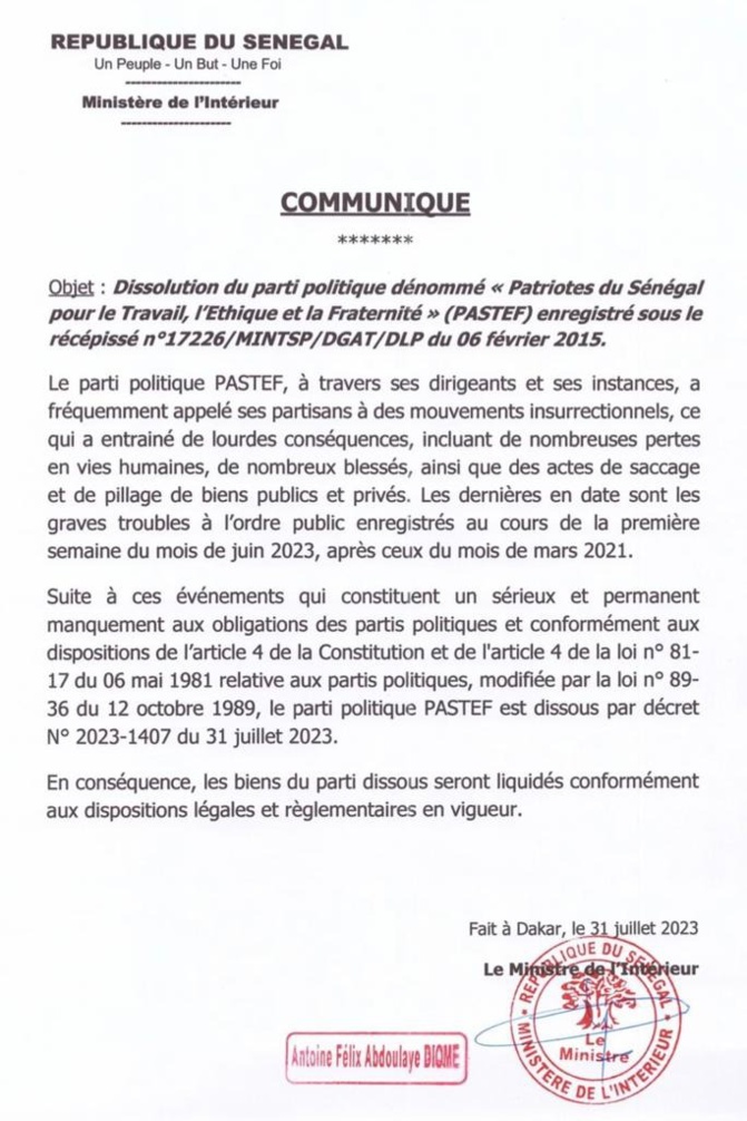 L’Etat annonce la dissolution de Pastef