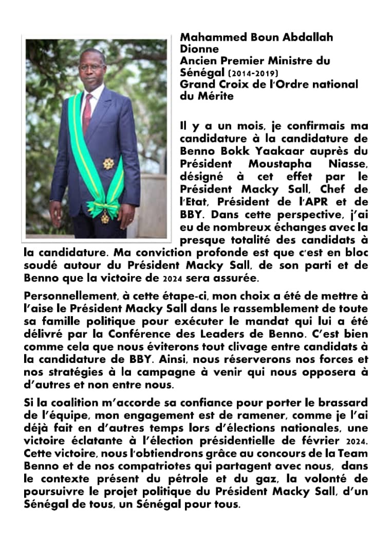 Présidentielle de 2024: Mahammed Boune Abdallah Dione déclare sa candidature à la candidature de BBY