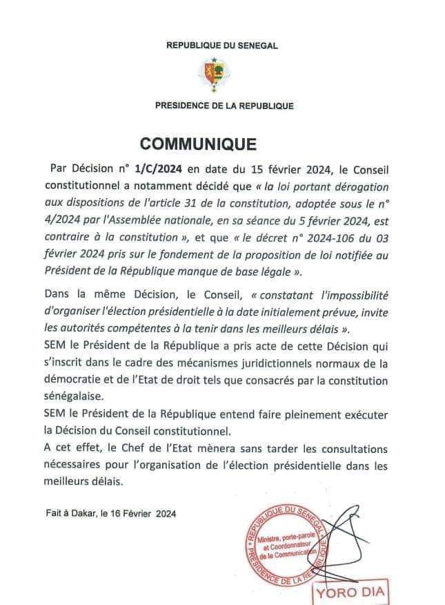 Annulation du report par le Conseil constitutionnel : Macky SALL brise le silence (document)