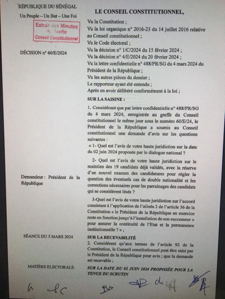Urgent - Le Conseil Constitutionnel rejette la date 2 Juin (document)