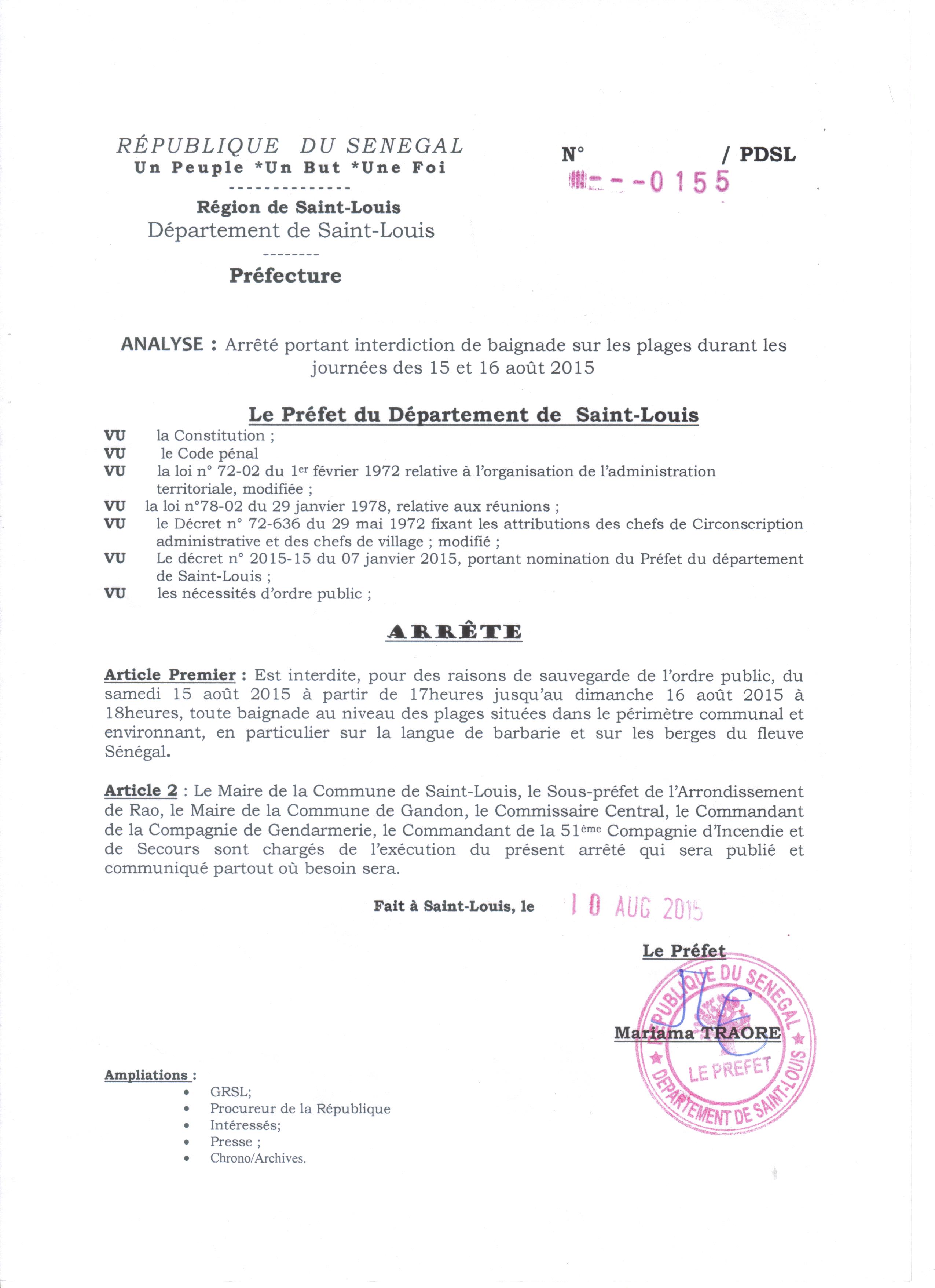URGENT: Interdiction de la baignade sur les plages de Saint-Louis, le 15 et 16 août 2015 ( arrêté préfectoral).