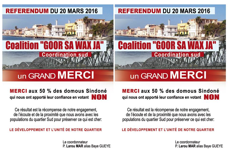 RÉFÉRENDUM - QUARTIER SUD : le MPCL et la Coalition "Gorr sa Wax Ja" résistent. RÉFÉRENDUM - QUARTIER SUD : le MPCL et la Coalition "Gorr sa Wax Ja" résistent.
