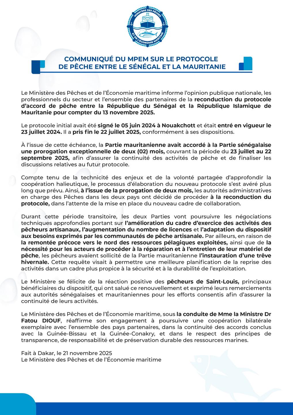 Pêche artisanale : reconduction du protocole entre le Sénégal et la Mauritanie ( document)