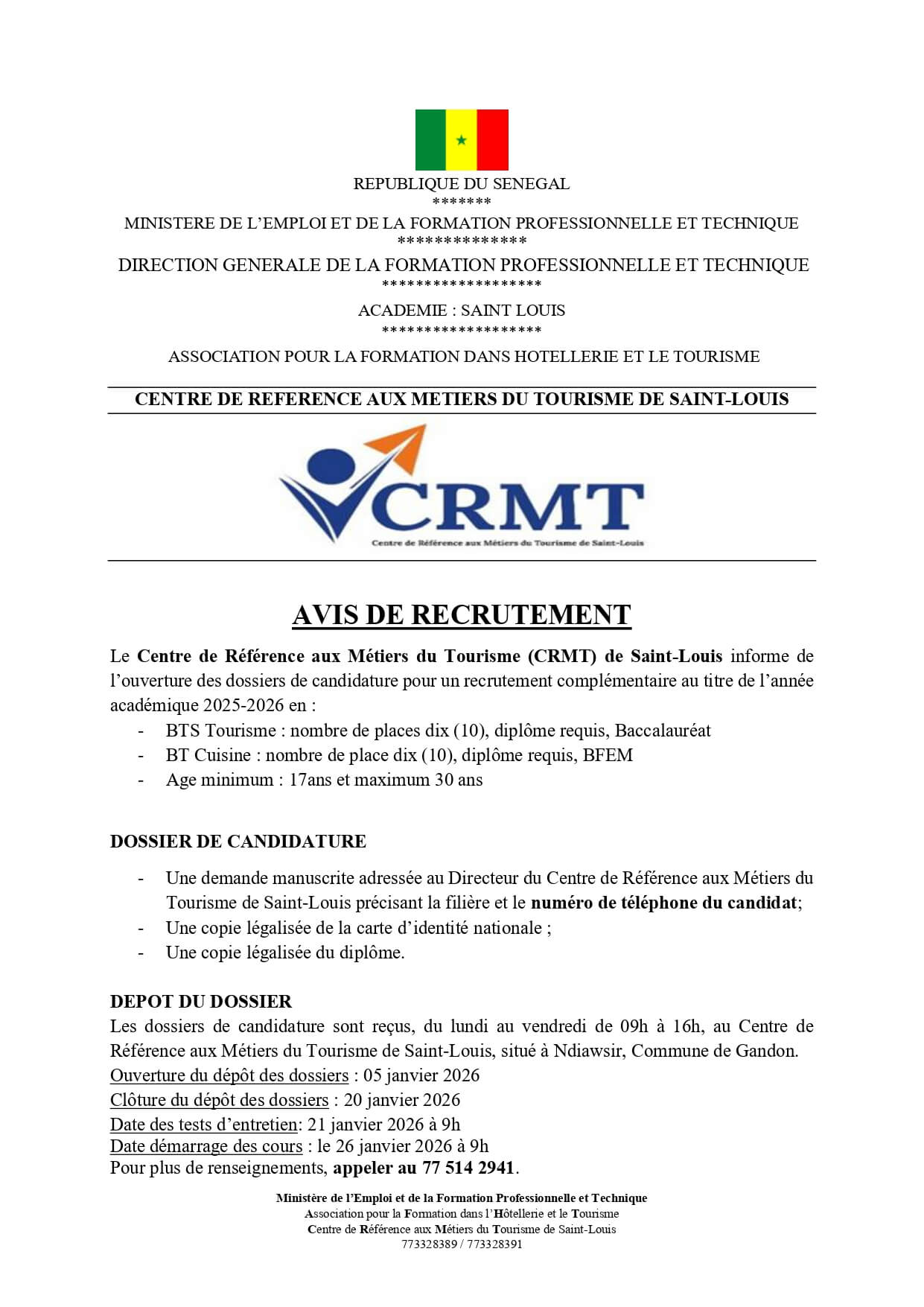 Saint-Louis : Le Centre de Référence aux Métiers du Tourisme recrute 20 étudiants en BTS et BT