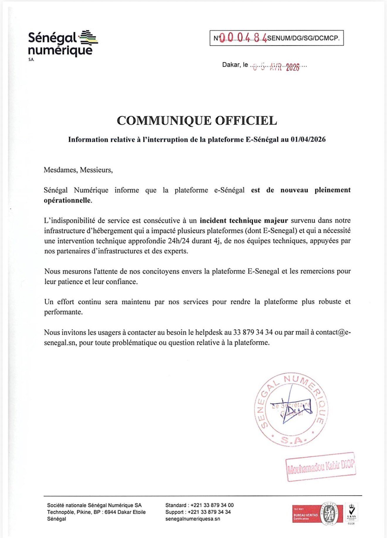 e-Sénégal de nouveau opérationnelle : fin de l'incident technique