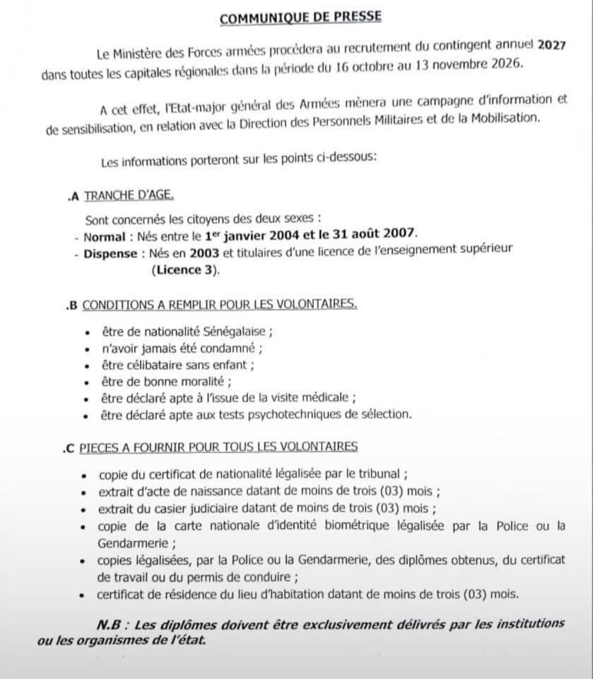 Recrutement Armée sénégalaise 2027 : Calendrier, conditions et dossiers à fournir