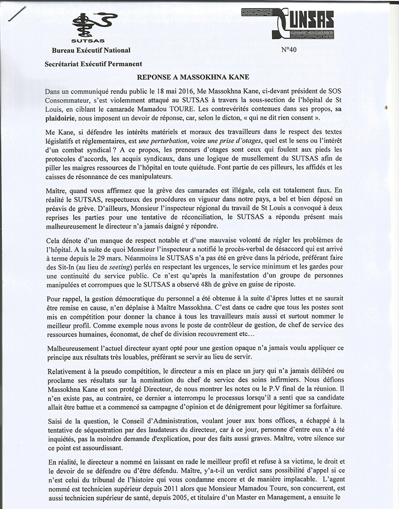 HOPITAL DE ST-LOUIS: le Sutsas répond à Me Massokhna KANE (communiqué) 