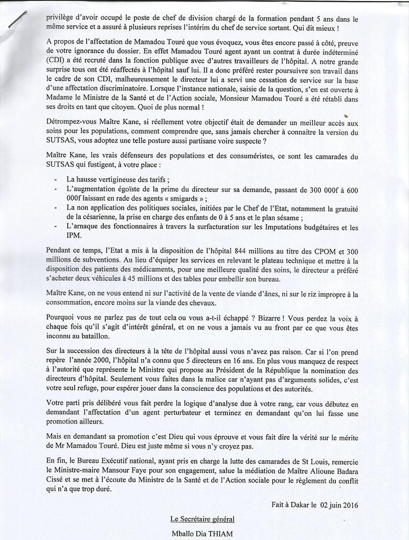 HOPITAL DE ST-LOUIS: le Sutsas répond à Me Massokhna KANE (communiqué) 