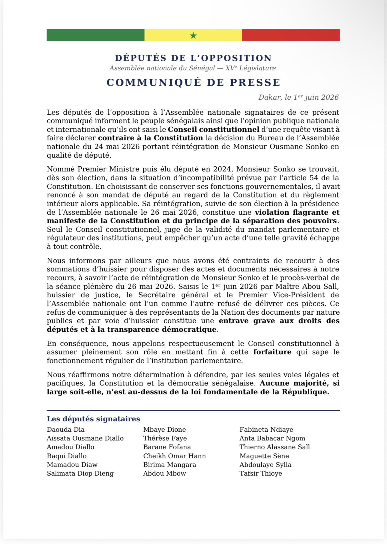 XVe Législature : 18 députés de l'opposition attaquent le mandat d'Ousmane Sonko devant le Conseil constitutionnel