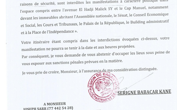 Le Préfet de Dakar interdit la marche de Me Abdoulaye Wade (document)
