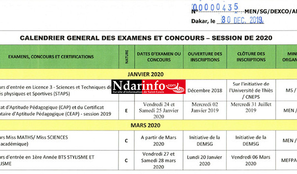 Le Calendier général des Examens et Concours 2020