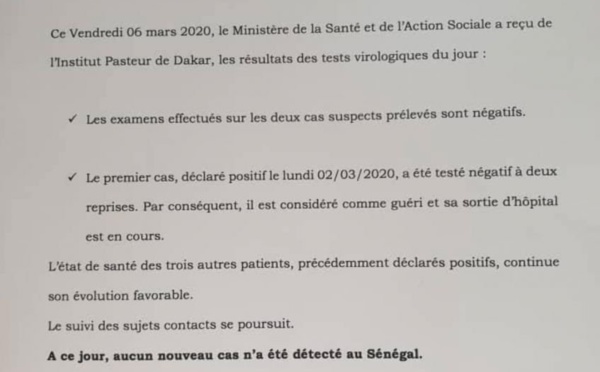 Coronavirus au Sénégal : guérision du "cas zéro"