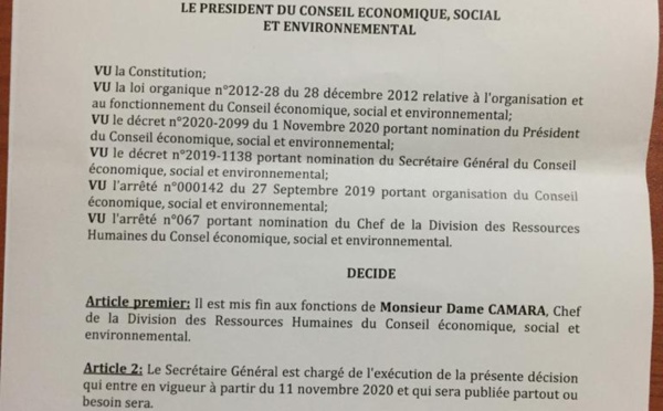 Cese: Idy limoge le DRH et du DAF (documents)