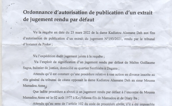 Tribunal d'instance de Podor : Extrait de jugement par défaut à l'encontre de Moussa Mamadou ANNE