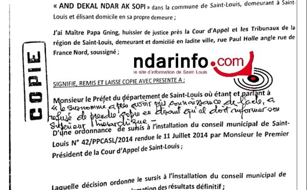 DOCUMENTS EXCLUSIFS : L’ordonnance de sursis délivrée à Ahmet FALL BRAYA et l’autorisation d’installation du Conseil municipal remise au camp de Mansour FAYE.