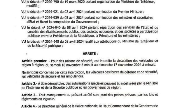 Sénégal : la circulation interrégion interdite la nuit du samedi au dimanche 17 novembre 2024